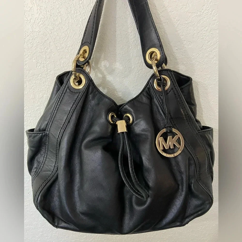 MICHAEL Michael Kors Black Leather Shoulder Bag with Gold Hardware